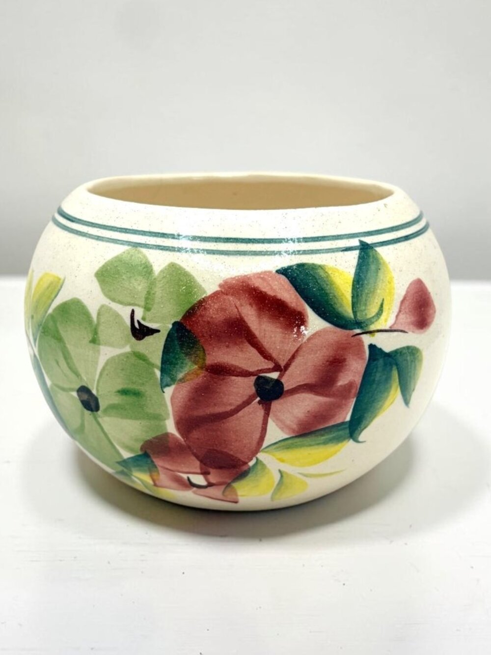 Vintage Mexican Pottery Floral Planter Hand Painted Cream Round Flower Pot 5.25"